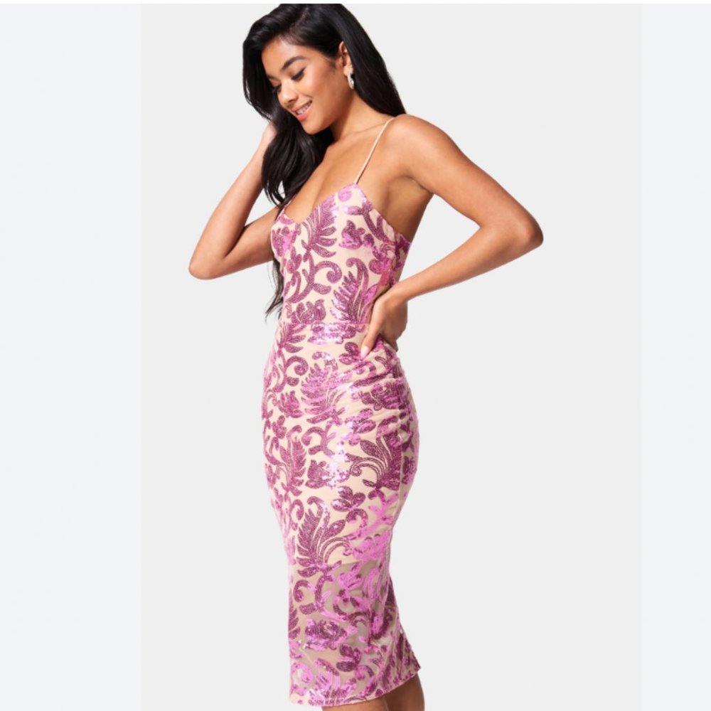 bebe Sparkle Mesh Midi Dress Party Pink/Frappe Size S